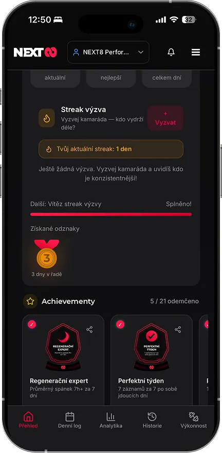 Aplikace NEXT8, odznaky, streak výzva a Achievementy